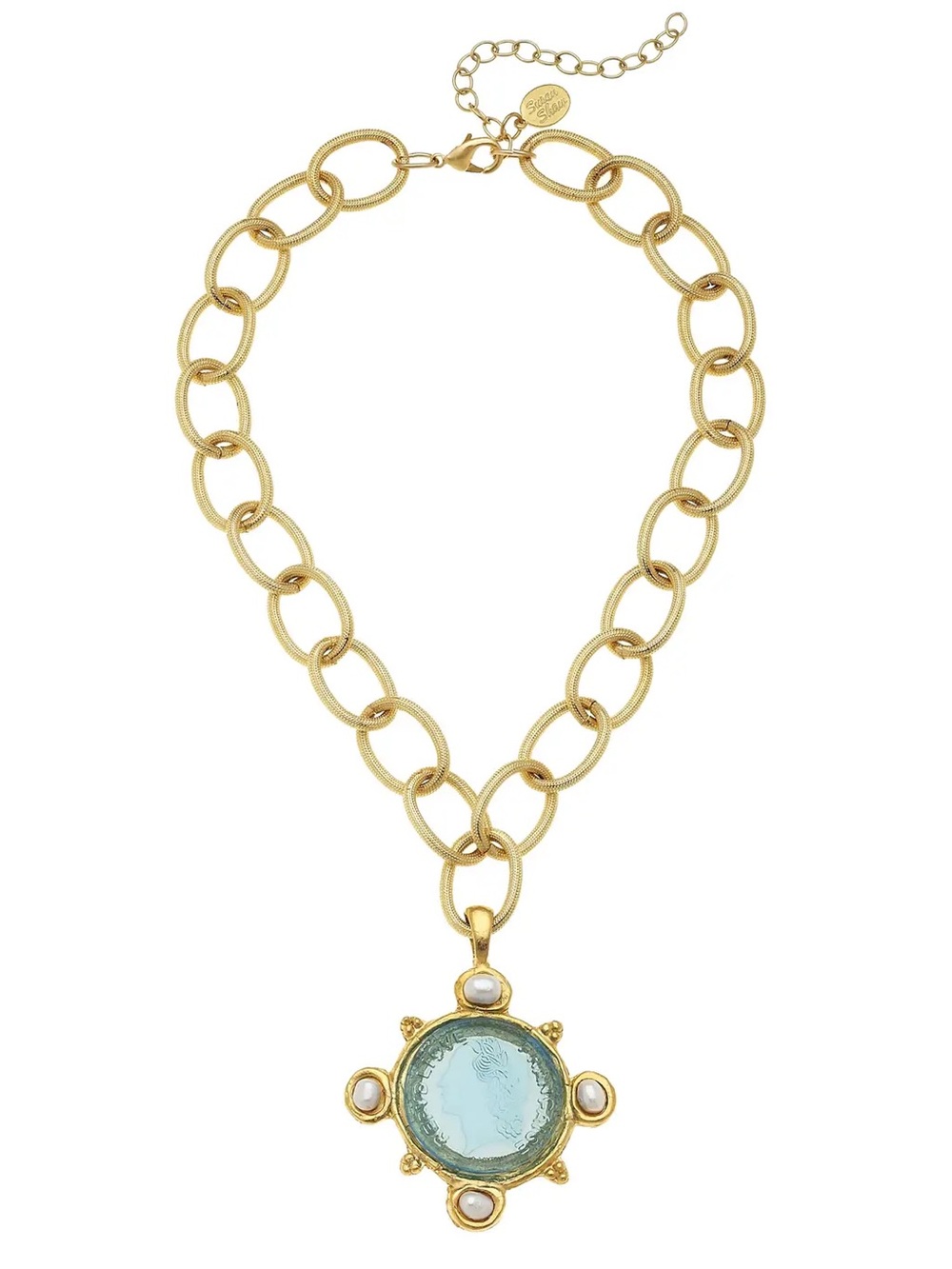 Gold-Plated Link Necklace with Light Blue Medallion Pendant